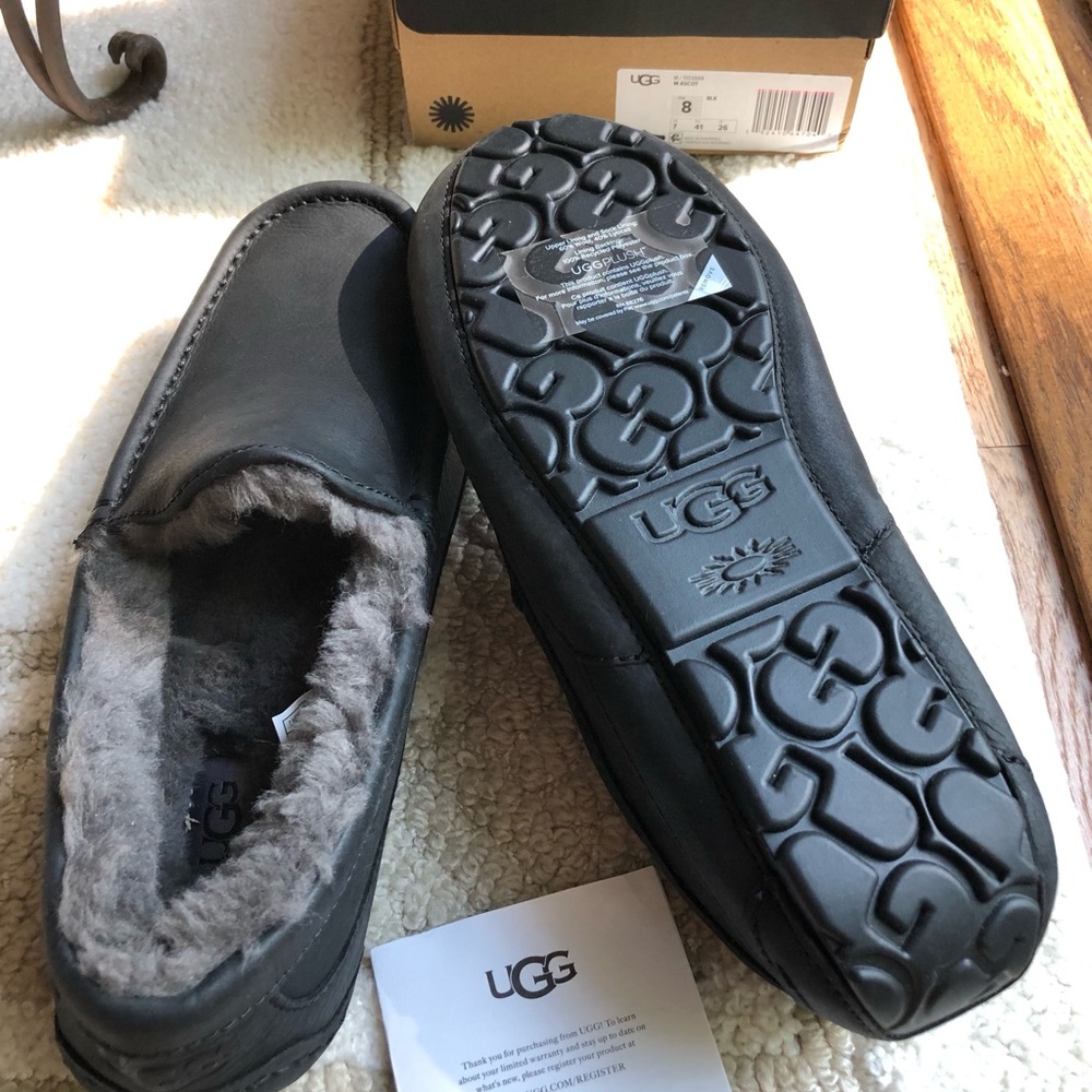 UGG Men's or Women’s Black Genuine Leather Slippers with Shearling Lining.